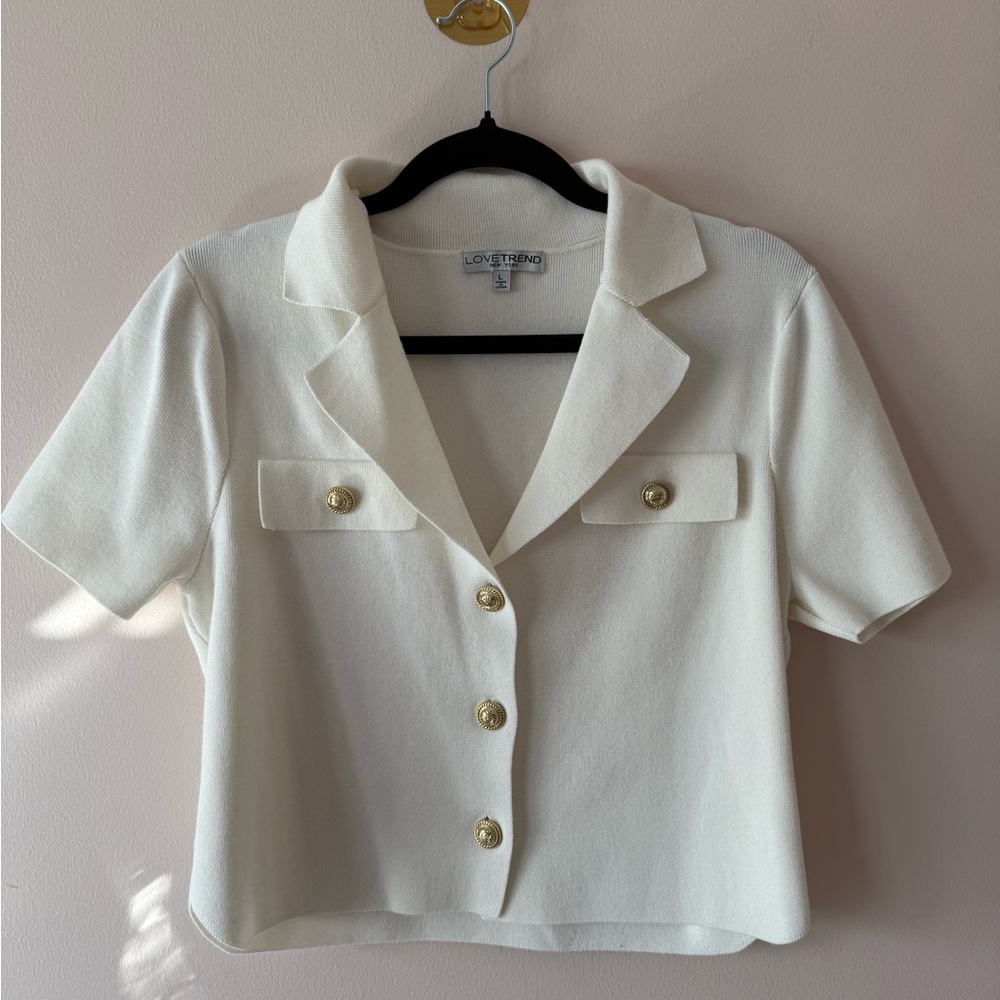 Cream Short Sleeve Button Front Blazer Top